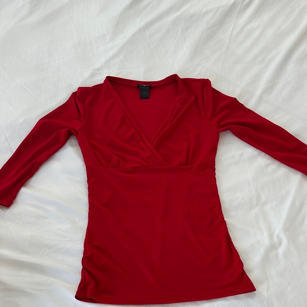 Ann Taylor Red Long Sleeve V-Neck Top - XSP